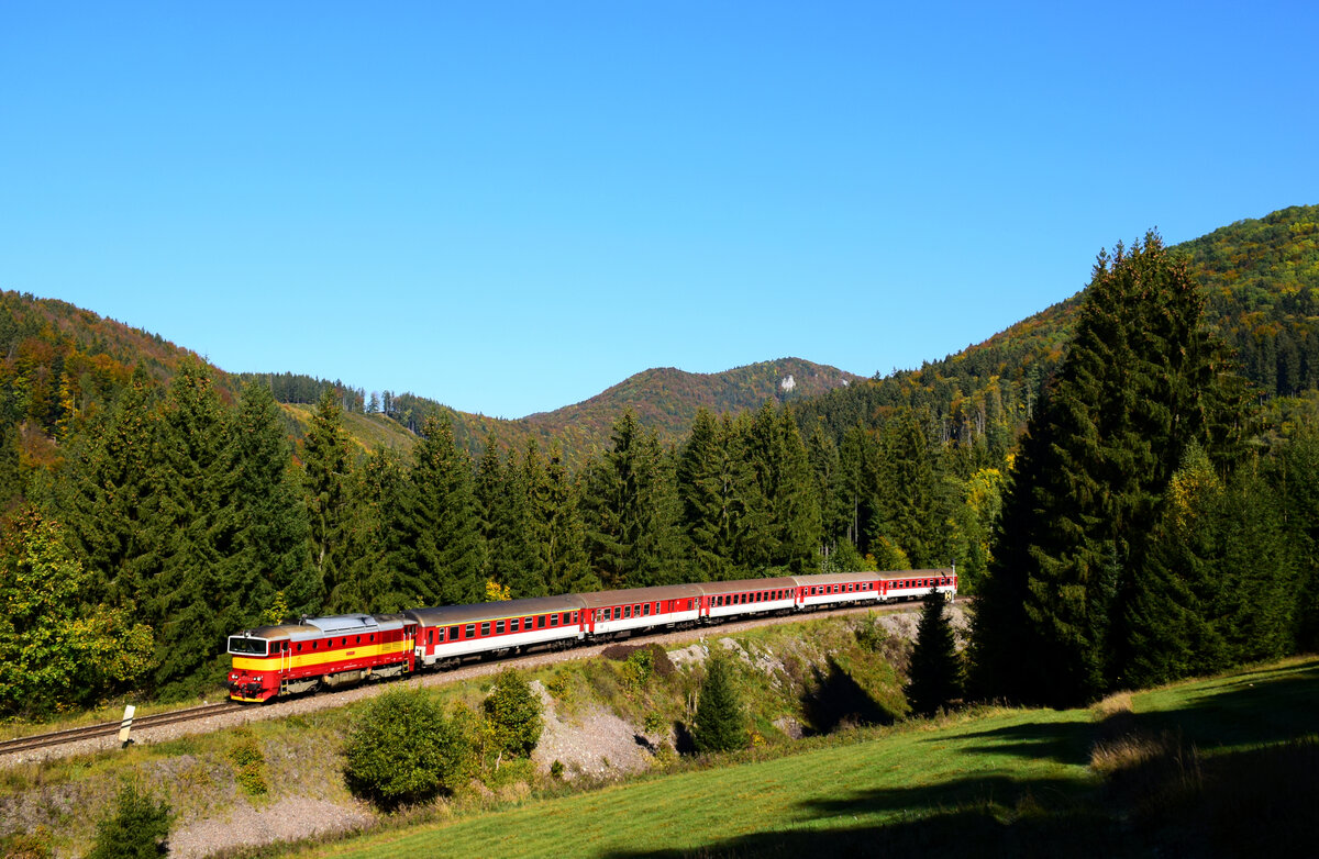 Die retro-lackierte 754 036-er Taucherbrille mit dem Eilzug R946 aus Zvolen (Altsohl) nach Vrútky (Ruttek) kurz nach Bf. Čremošné. 
09.10.2021.