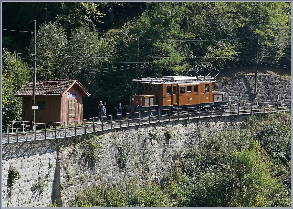 Die RhB Bernina Bahn Ge 4/4 182 hat den Baye de Clarens Viadukt hinter sich gelassen und wartet nun in Vers-Chez-Robert auf den Rest des Zuges, der lastbedingt nur mit einem Triebfahrzug über den lädierten Viadukt fahren darf.

9. Sept. 2018