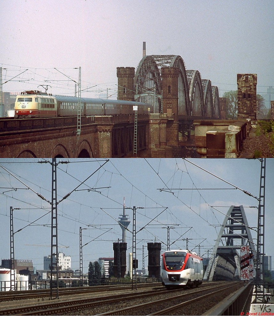 Die Rheinbrücke Düsseldorf-Neuss einst und jetzt: Ende der 1970er Jahre ist eine 103 auf der alten Brücke unterwegs, darunter fährt 2010 eine Regiobahn als S 28 nach Kaarst. Bis zur Sprengung 1945 durch deutsche Truppen existierten hier zwei zweigleisige Brücken, aus deren Resten die nördliche wieder errichtet wurde. Im Zusammenhang mit dem Bau der Ost-West-S-Bahn von Hagen nach Mönchengladbach wurde diese Brücke abgerissen und durch einen viergleisigen Neubau ersetzt, der sich ungefähr in der Lage der früheren südlichen Brücke befindet. Von der alten Brücke exisiterien nur noch die Türme und ein Stück der Vorlandbrücke. Aufgrund der heute völlig anderen Verhältnisse konnte nicht derselbe Fotostandpunkt gewählt werden, die ältere Aufnahme entstand von den Resten der südlichen Vorlandbrücke aus, während heute nur noch eine Aufnahme von einem Trampelpfad am Brückenbeginn etwas weiter entfernt möglich ist.