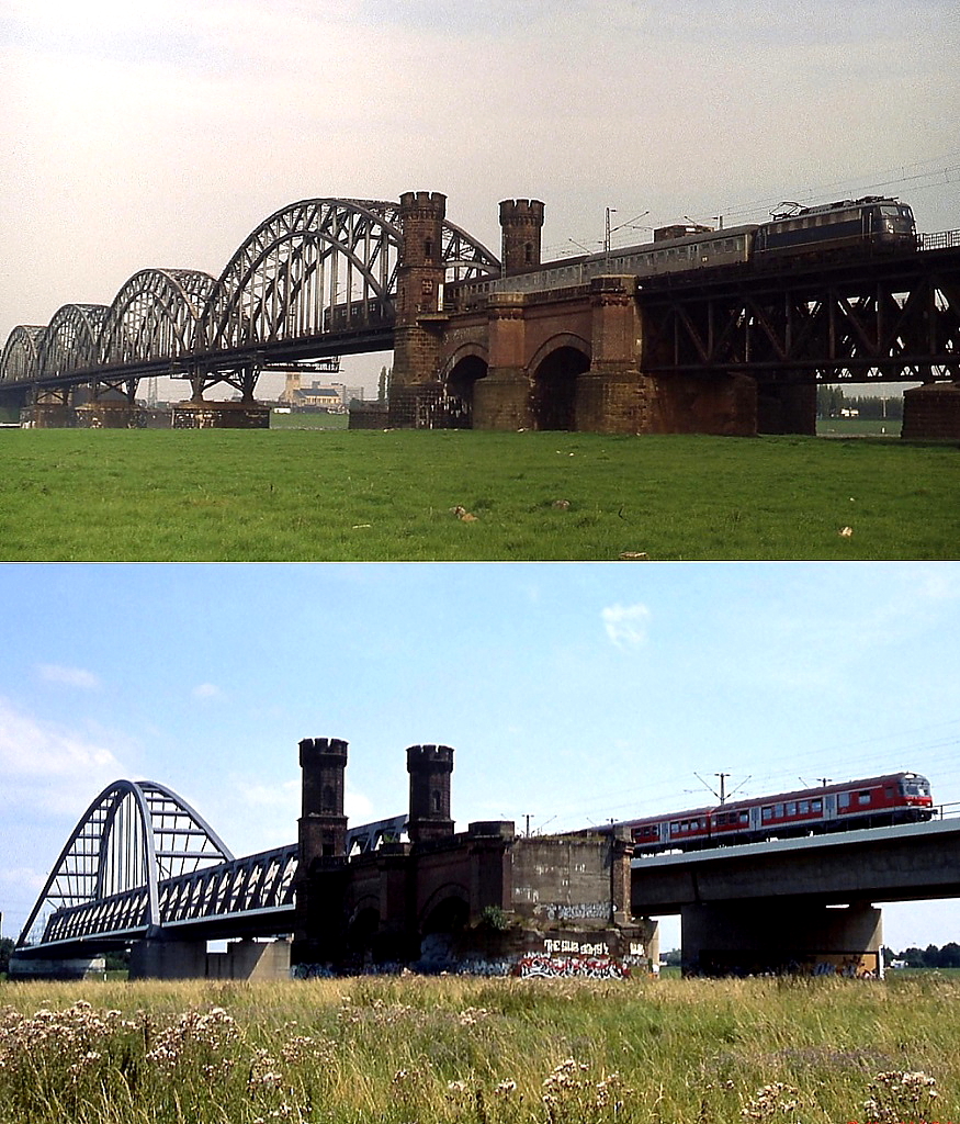 Die Rheinbrücke zwischen Düsseldorf und Neuss einst & jetzt: Oben hat eine 110.3 mit einem Eilzug Anfang der 1980er Jahre die Neusser Seite erreicht, unten der gleiche Blick 2010 mit einem geschobenen Wendezug.