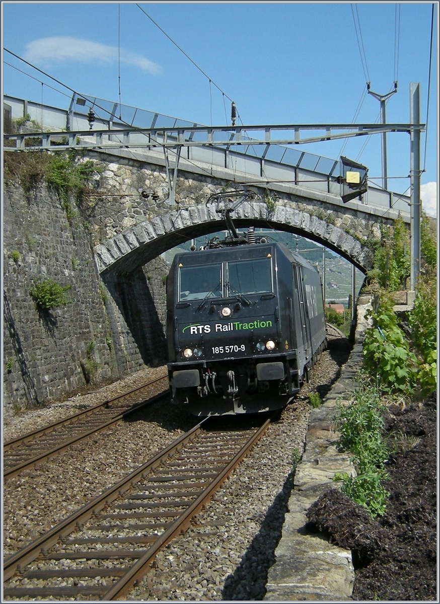 Die RTS 570-9 und zwei weitere RTS Loks brachten vor ein paar Jahren etwas Abwechslung auf die Simplonlinie. Diese Bild entstand bei Cully am 12. Juni 2008.
