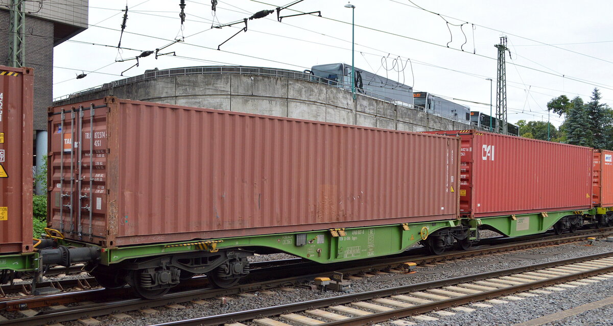 Die S-Rail GmbH (Tochterfirma der SETG) mit einem Gelenk-Containertragwagen mit der Nr. 37 TEN 80 D-SRA 4960 807-8 Sggrs (GE) in einem SETG-Containerzug am 22.07.22 Durchfahrt Bhf. Hamburg-Harburg.