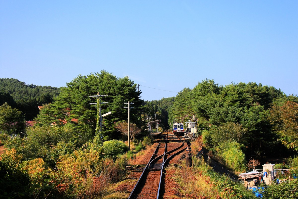 Die Sanriku-Bahn: Zugskreuzung in Noda Tamagawa. Zwei ältere Wagen (209 und 109, beide von 1984/5) kommen entgegen. 27.September 2014. 