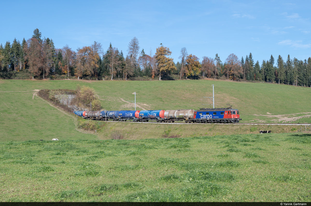 Die saubere SBB Cargo Re 620 009-1  Uzwil  ist am 13.11.2020 mit einem leeren Tankzug von Brenzikofen nach Birsfelden Hafen unterwegs. Hier beim östlichen Portal des 103 Meter langen Heimbergtunnel aufgenommen.