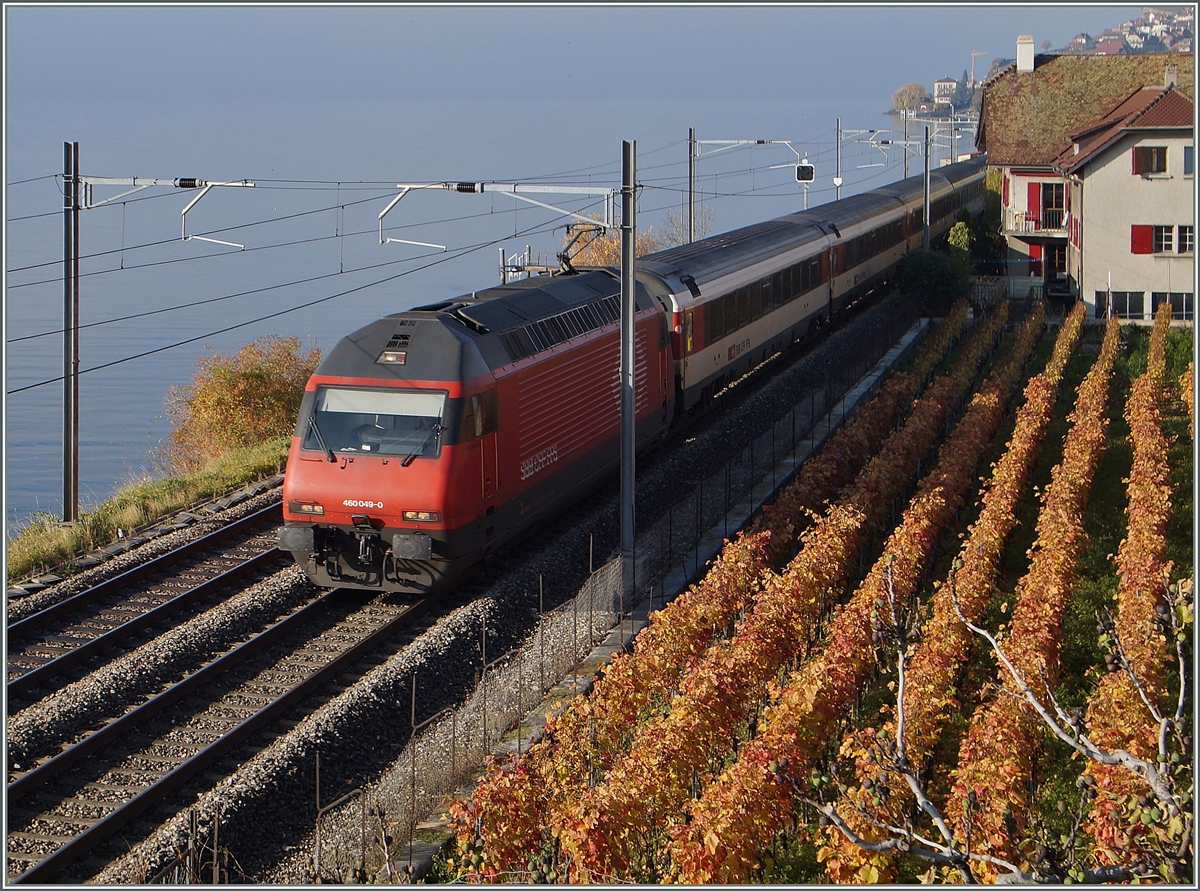 Die SBB 460 049-0 mit ihrem IR 1713 von Genève Aéroport nach Brig bei St-Saphorin.
22. Nov. 2014  