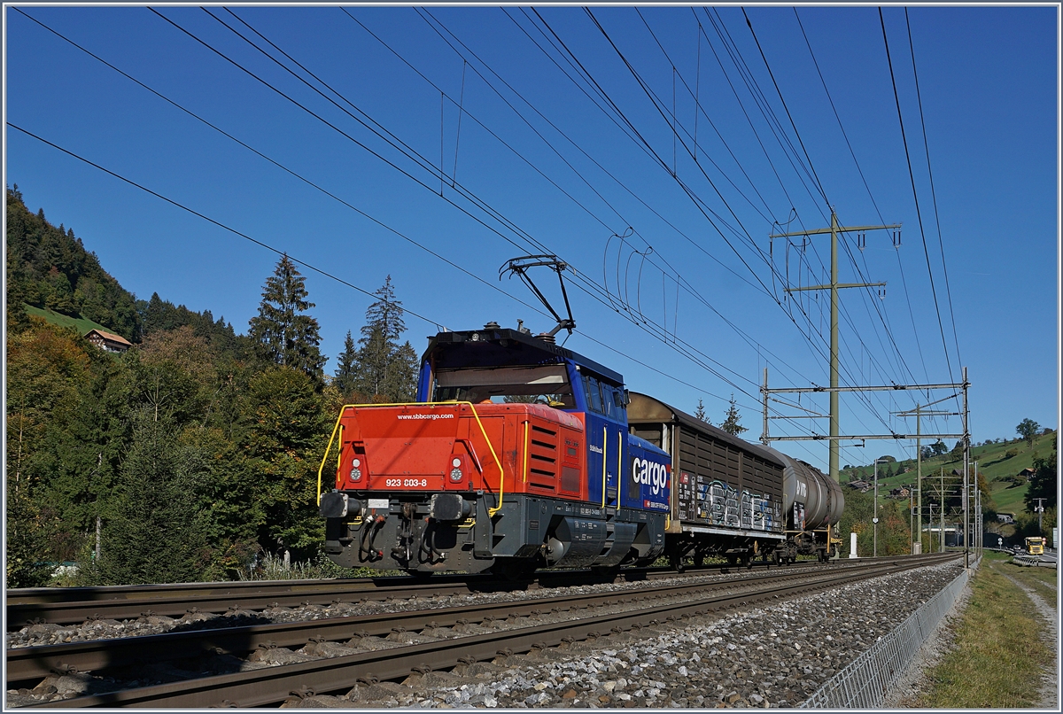 Die SBB Cargo Eem 923 003-8 fährt mit einem, kurzen Güterzug bei Mülenen Richtung Frutigen. 

10. Okt. 2018  