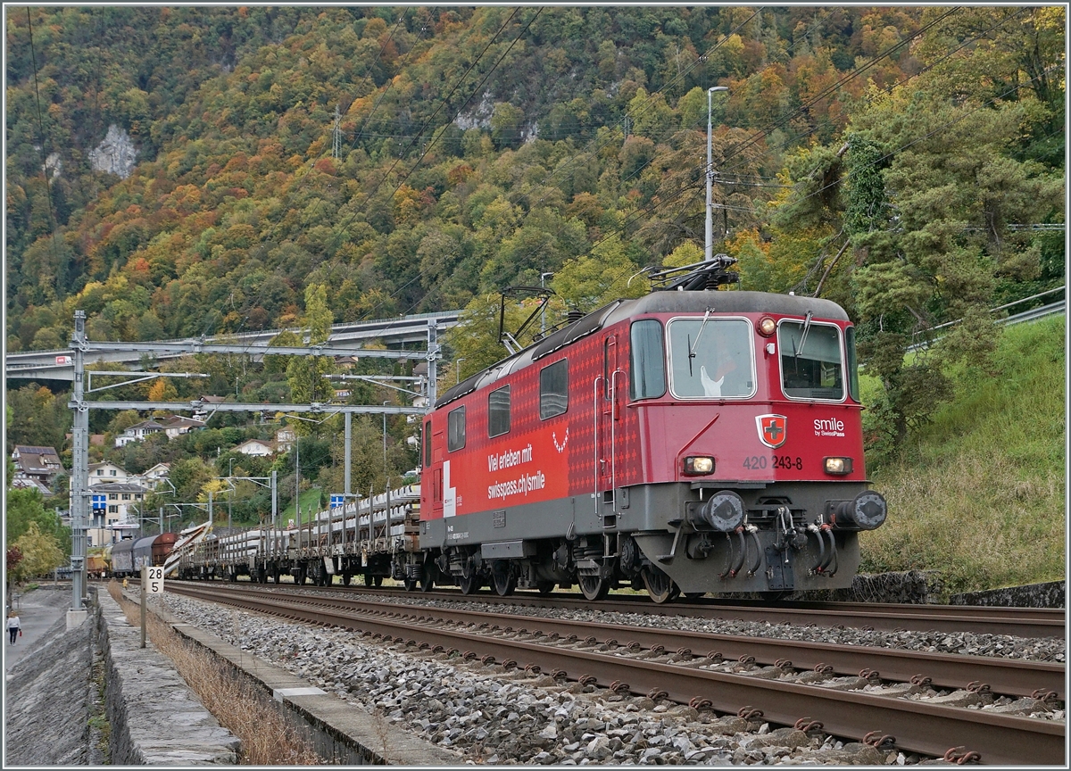 Die SBB Re 4/4 II 11243 (Re 420 243-8) in ihrer gefälligen Swiss Pass Lackierung mit einem Güterzug Richtung Wallis kurz vor Villeneuve.

20. Okt. 2020