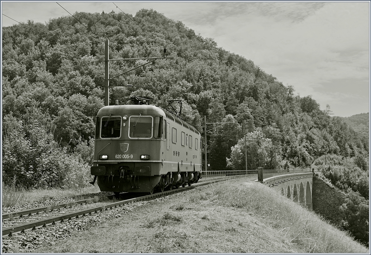 Die SBB Re 620 005-9 zwischen dem 128 Meter langen Rümlinger Viadukt und der Haltestelle Rümlingen. 
7. August 2018 
