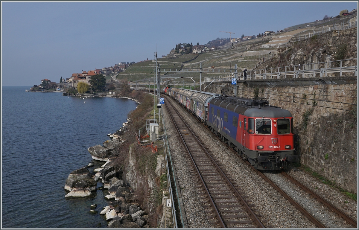 Die SBB Re 6/6 11607 (Re 620 007-5)  Wattwil  ist mit einem Güterzug in Richtung Wallis zwischen Rivaz und St-Saphorin unterwegs. 

9. März 2021