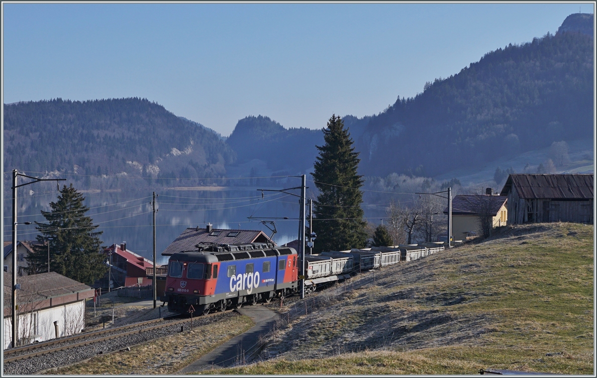 Die SBB Re 6/6 11610 (Re 620 010-9)  Spreitenbach  bringt etliche leere Fans-u Wagen als Güterzug 69701 von Lausanne-Triage nach Le Brassus und konnte hier bei Les Charbonnières mit dem Hintergrund des Lac de Brenet fotografiert werden. 

24. März 2022