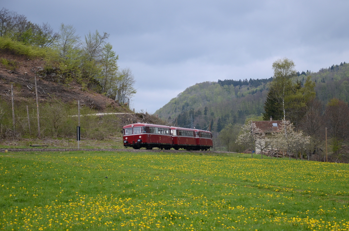 Die Schienenbusse der RAB-Classics waren am 4.Mai 2019 auf der Zollernalbbahn unterwegs nach Munderkingen zum DING-Erlebnistag.
Steuerwagen 998 896 fuhr vorneweg, dann 998 257 und hinten schob 798 652.
Das Bild wurde bei Straßberg aufgenommen.