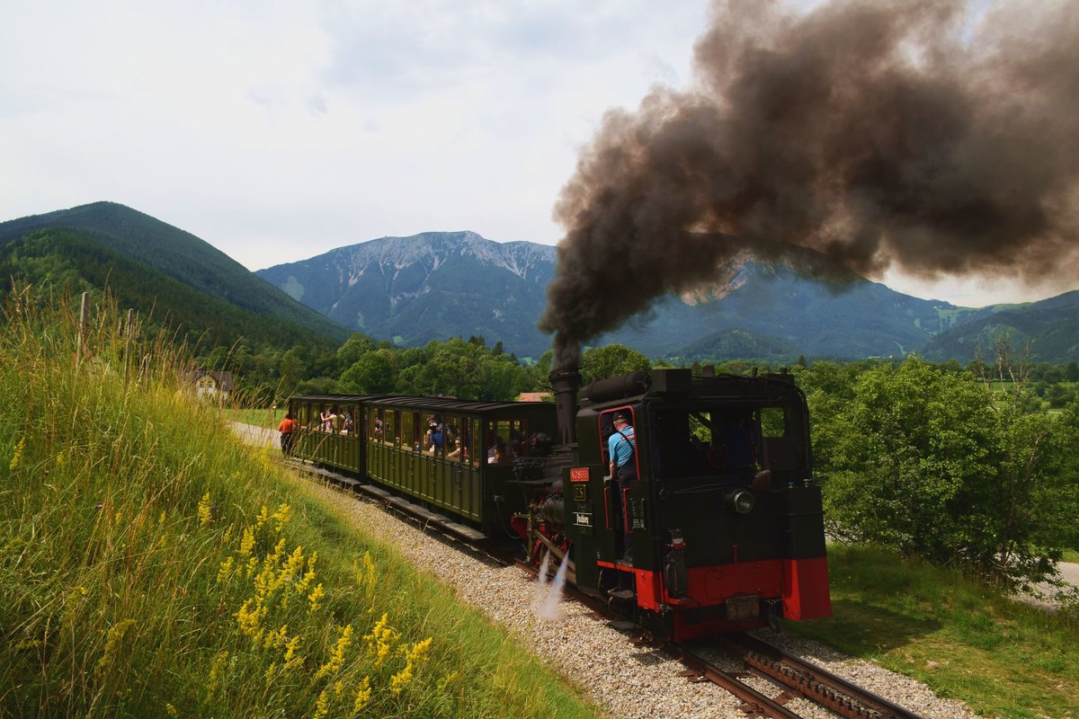 Die Schneebergbahn dampf! Die NÖVOG Z5 (ex. 999.05) mit dem bergfahrende Nostalgiezug kurz nach Puchberg.
Puchberg am Schneeberg, 26.07.2020.