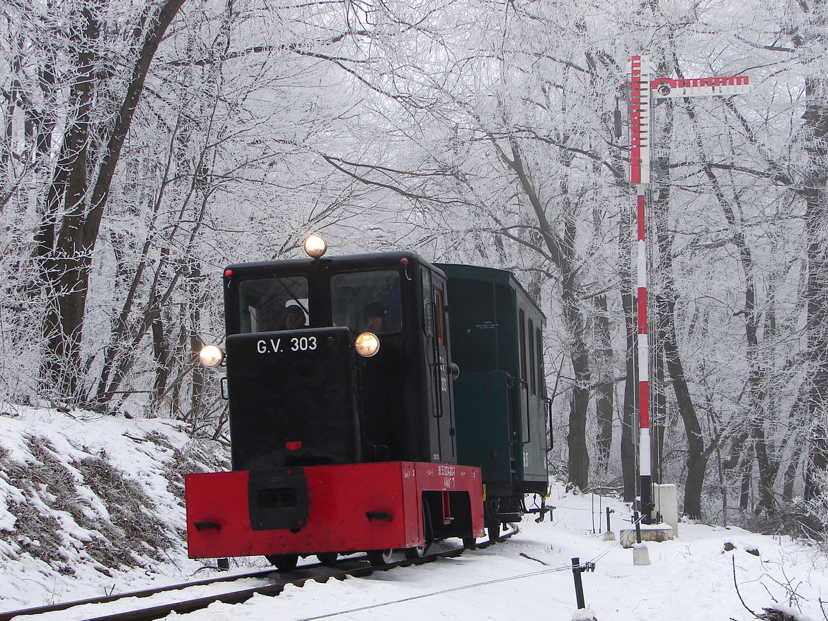 Die schwarzer Panther auf der Kindereisenbahn in Budapest im wunderschöne Winterlandschaft.
G.V. 303, Kindereisenbahn, 28.01.2017. 