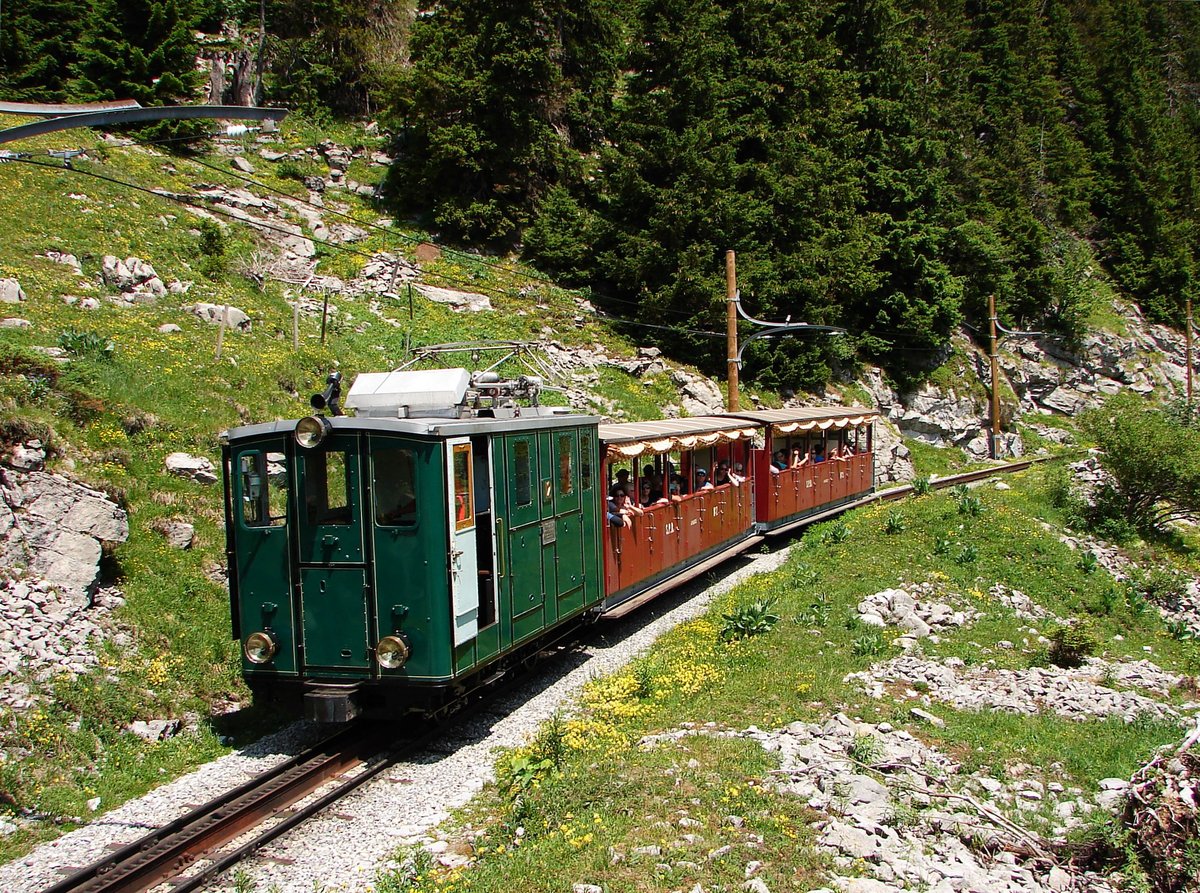 Die Schynige Platte Bahn verkehrt nun seit über 125 Jahren zw. Wilderswil und der Schynige Platte. Die jüngsten Lokomotiven sind mehr als 100 Jahre alt.
Das Bild zeigt der Lok 12 (mit Nostalgie lackierung) mit dem talfahrende Zug.
04.07.2019. zwischen Schynige Platte und Breitlauenen.