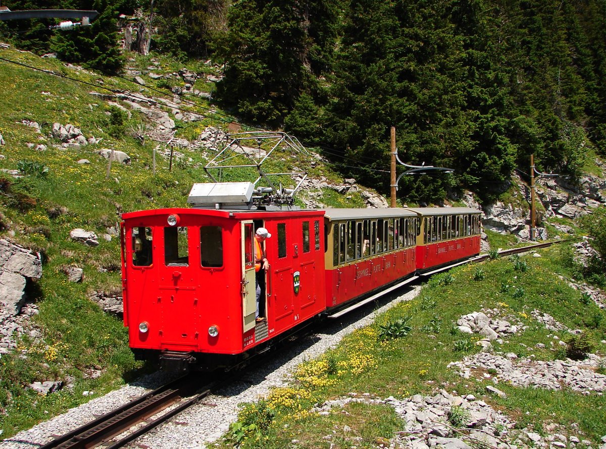 Die Schynige Platte Bahn verkehrt nun seit über 125 Jahren zw. Wilderswil und der Schynige Platte. Die jüngsten Lokomotiven sind mehr als 100 Jahre alt.
Das Bild zeigt der Lok 13 mit dem bergfahrende Zug.
04.07.2019. zwischen Schynige Platte und Breitlauenen.