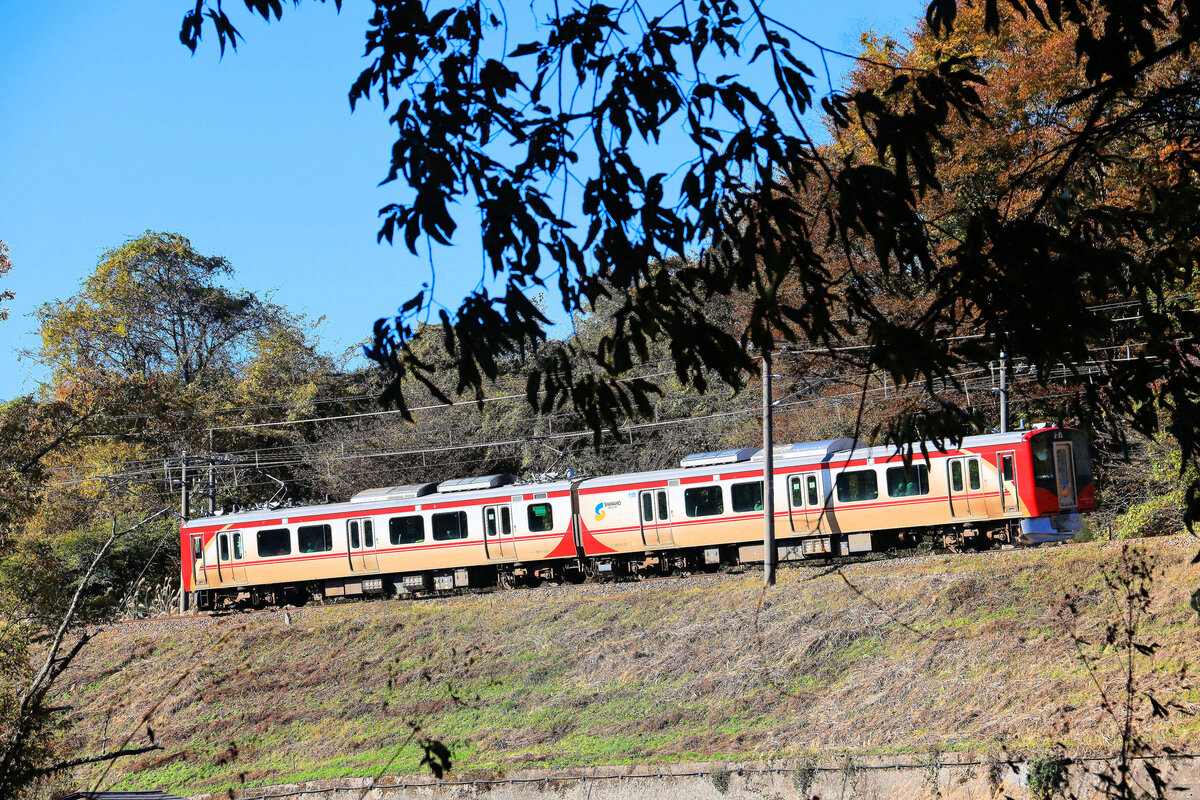 Die Shinano Bahn: Ein moderner Triebzug (S201) im Abstieg von Shinano Oiwake nach Miyota. 7.November 2024 - Das Rollmaterial der Shinano-Bahn bestand zuerst aus Triebz�gen der Baujahre 1977-1981, welche die JR auf dieser Strecke nicht mehr brauchte; zwischen 1997 und 2015 kamen so 16 Dreiwagenz�ge S1-16) und 7 Zweiwagenz�ge (S21-27) der alten Staatsbahn Serie 115 in den Bestand. Seit 2020 beschafft die Bahn jetzt ganz neue Zweiwagenz�ge, bisher rund 20 Z�ge (S101-103, S201-204, S301 ff) ; die Bestellungen laufen. Damit werden die alten 115 bald verschwinden. 