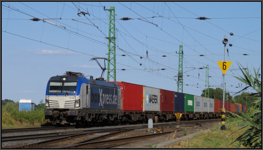 Die Siemens Vectron 193 880 (BoXpress) ist mit ihren Containerzug am Donauufer bei Komarom (H) unterwegs. Szenario wurde Anfang August 2015 bildlich festgehalten.