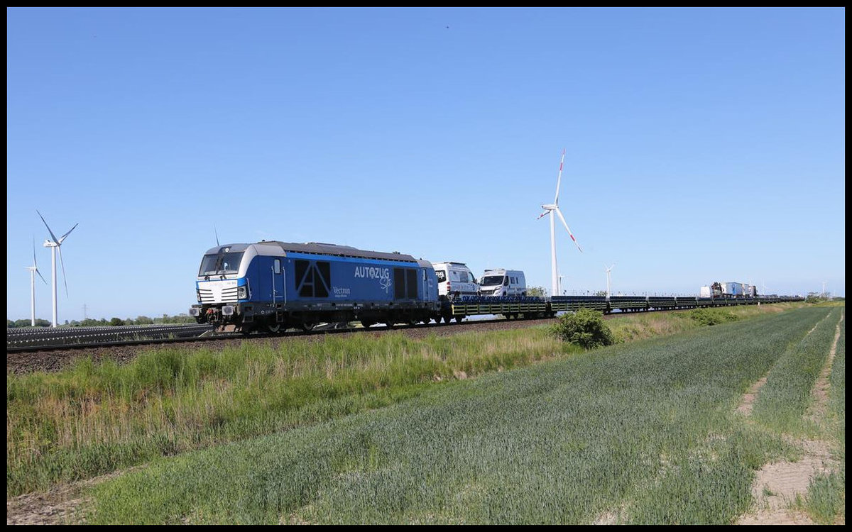 Die Siemens Vectron 247909 kommt hier am 29.5.2020 um 10.38 Uhr mit dem Sylt Autozug aus Westerland bei Gotteskoog in Richtung Niebüll vorbei.