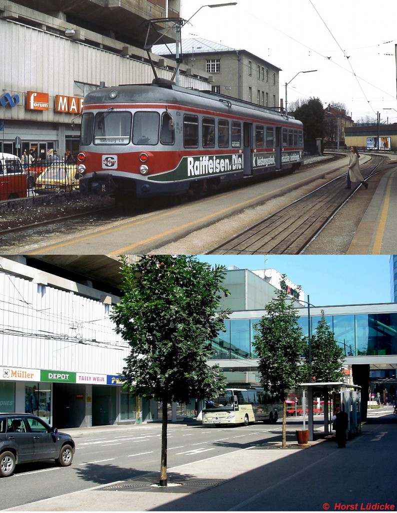 Die Situation am ehemaligen Salzburger Lokalbahnhof im April 1983 und am 22.08.2012. Nur das ehemalige Forum-Kaufhaus verrät, dass es sich um die gleiche Stelle handelt, dort, wo ET 24 der SVB im April 1980 auf Fahrgäste wartet, verkehren heute Kfz und O-Busse. Bei dem ET 24 handelt es sich um den für die Köln Bonner Eisenbahn gebauten ET 204. Leider wurde das Fahrzeug in den 1990er Jahren verschrottet.
