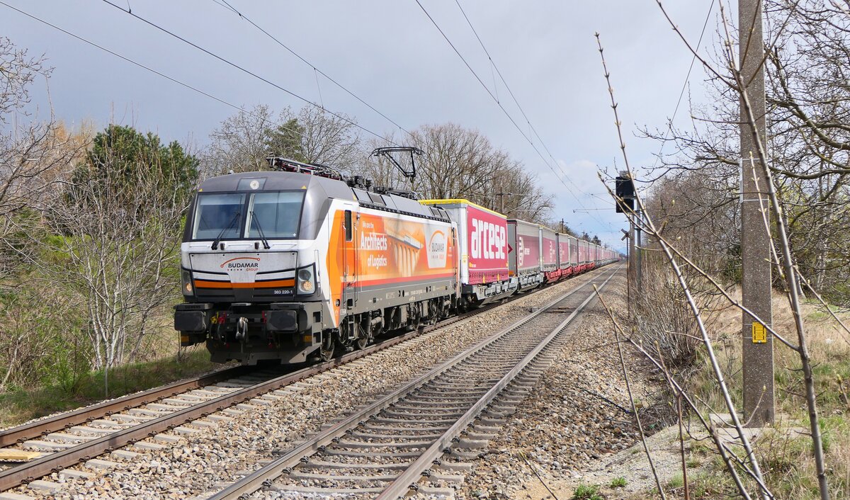 Die slowakische 383 220 von BUDAMAR war am 25.03.2024 mit einem Arcese-KLV kurz vor der Haltestelle Silberwald in Richtung Wien unterwegs.