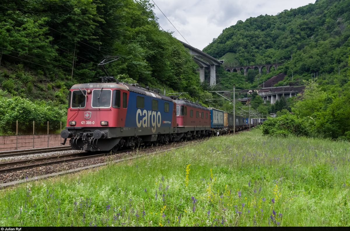 Die Sonne schaute am 25. Mai 2015 in der Biaschina nur kurz hervor. Das reichte für ein Bild von Zug 40003, der fast ausschliesslich mit verschiedenen blauen Sattelaufliegern beladen war. Gezogen wurde der Zug von Re 421 388 und Re 6/6 11667.