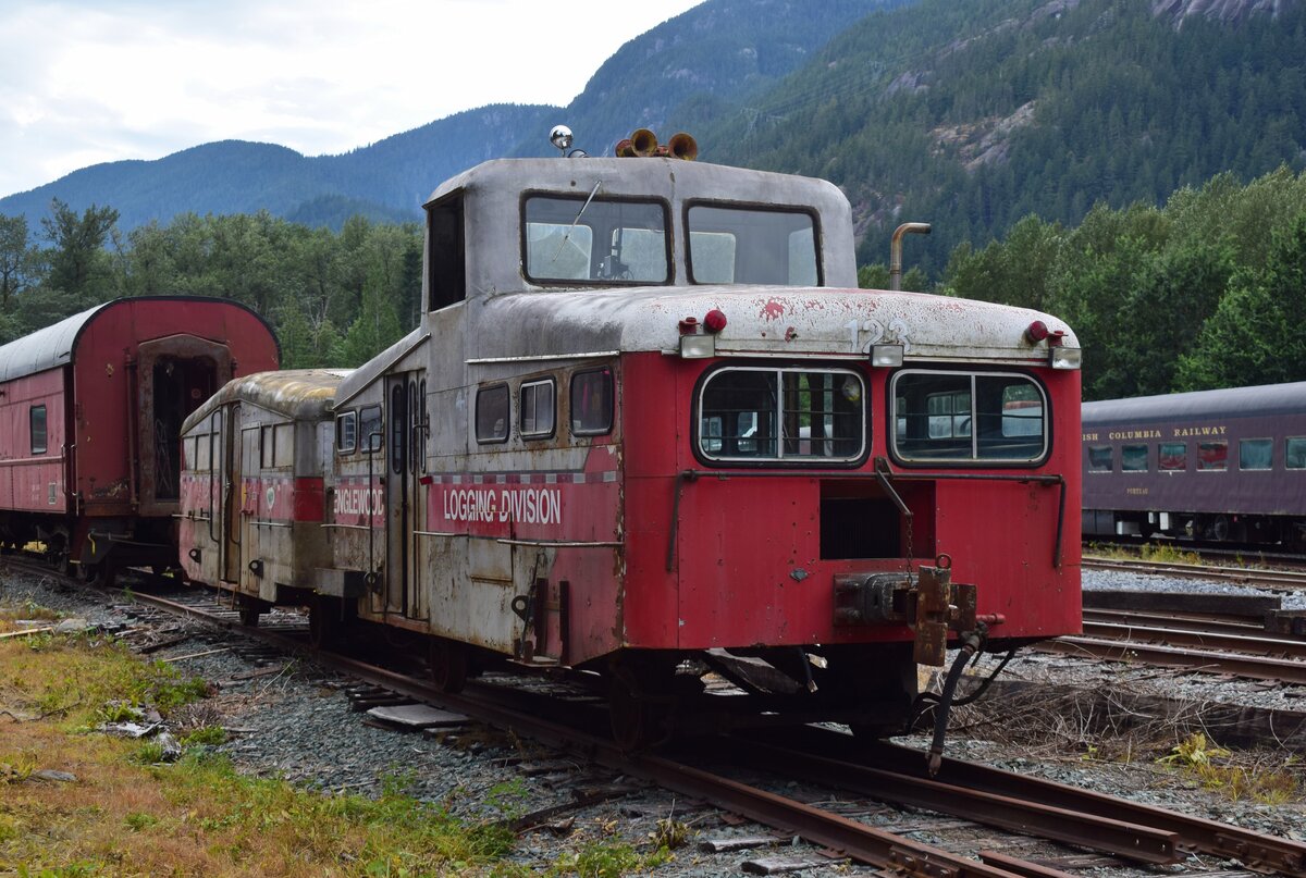 Die Speeder sahen bei jedem Unternehmen individuell anders aus. Besonders ins Auge fiel mir dieser Speeder samt Beiwagen für die Crew. Er gehörte einst der Englewood Railway. Er war bis 2017 im Einsatz. 2017 wurde der Verkehr der Englewood Railway nach einer tödlichen Entgleisung nach 100 Jahren eingestellt und so gelangte der Speeder nach Squamish ins Railway Museum of British Columbia.

Squamish 13.08.2022