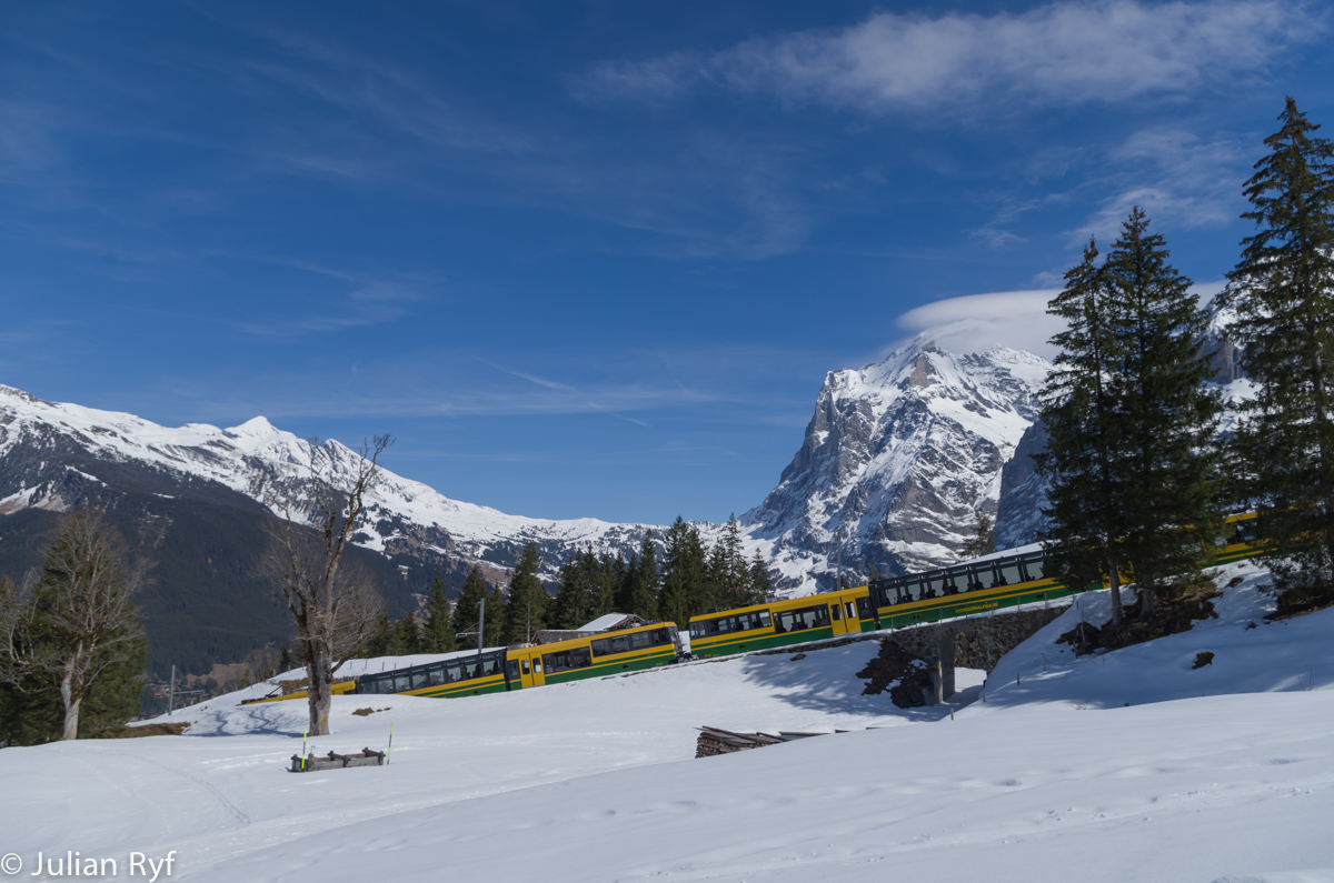 Die Stadler Panos 141 und 143 fahren am 28.03.2015 etwas oberhalb der Brandegg bergwärts. Im Hintergrund das Wetterhorn und die Grosse Scheidegg.