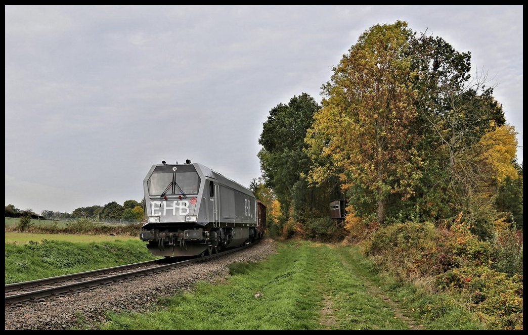 Die Stadtwerke Osnabrück setzen derzeit im Werksverkehr zwischen Osnabrück Hafen und dem Stahlwerk in Georgsmarienhütte eine Maxima mit eigenem Logo EHB ein. Am 20.10.2022 konnte ich sie um 12.37 Uhr kurz vor dem ehemaligen Haltepunkt Augustaschacht im Ortsteil Hasbergen - Ohrbeck fotografieren, als sie mit einem schweren Schrottzug zügig die bergige Werk Bahn erklomm..