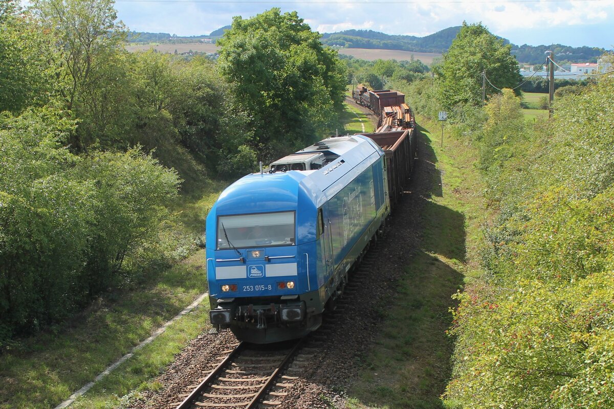 Die vom Stahlwerk Thüringen (SWT) angemietete Press-253 015-8 (92 80 1223 052-2 D-PRESS) am 9.9.2022 mit dem täglichen Stahlzug von Könitz nach Cheb (Cz) zwischen Pößneck und Oppurg. Die reguläre 76-111 befand sich zum Zeitpunkt der Aufnahme zur HU