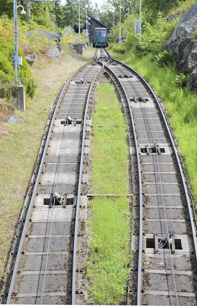 Die Standseilbahn im »Skansen« in Stockholm. Skansen (schwedisch für Die Schanze) ist ein Freilichtmuseum im Westteil der Halbinsel Djurgården. Aufnahme: 27. Juli 2017.
