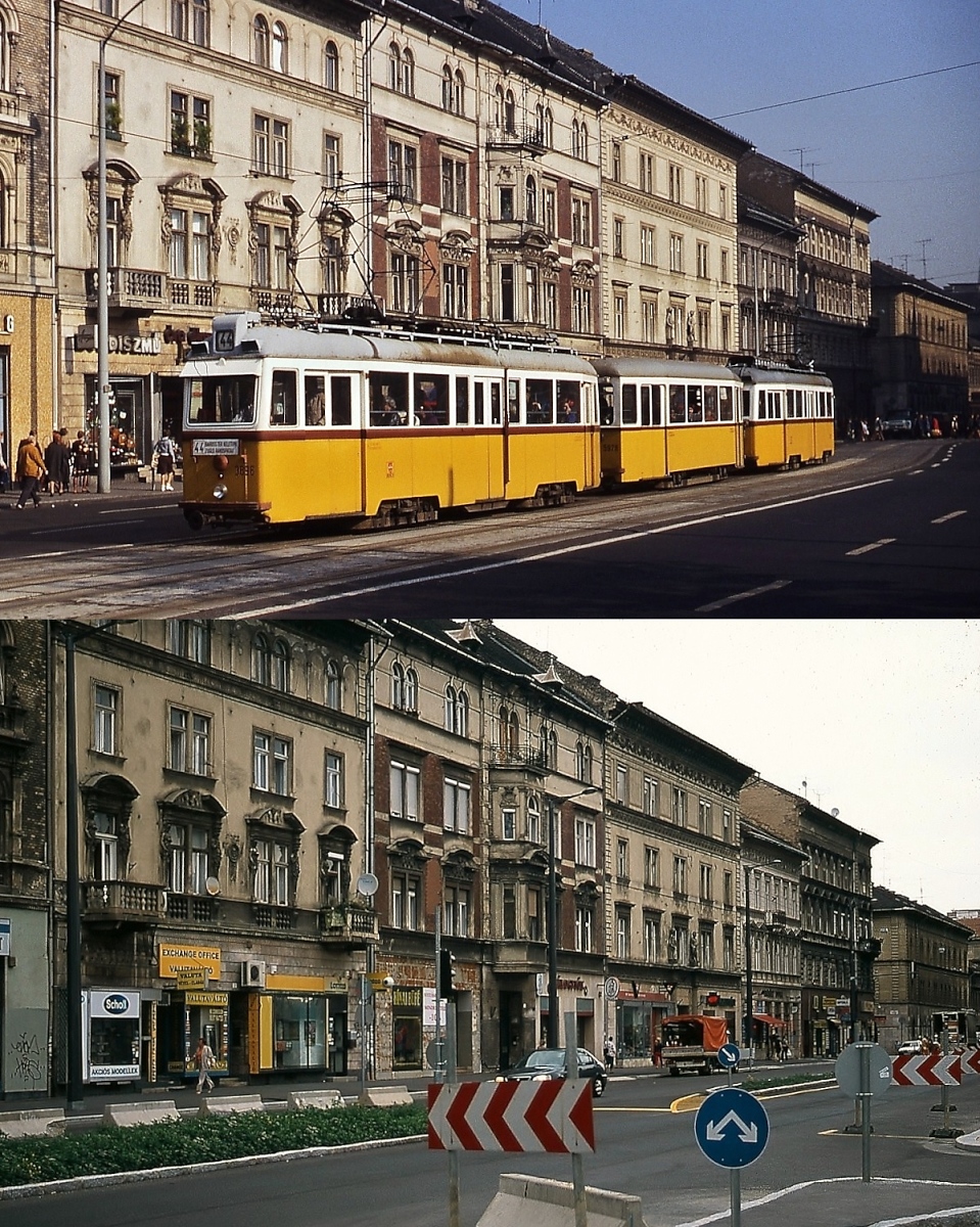 Die Straßenbahn Budapest Einst & Jetzt: Im Oktober 1978 nähert sich ein Uv-Dreiwagenzug, vorne Uv5 3896, auf der Thököly utca dem Baross ter, unten eine Aufnahme vom 08.06.2011 vom gleichen Standpunkt. Augenscheinlich waren die Gebäude 1978 in einem besseren Zustand als 2011...