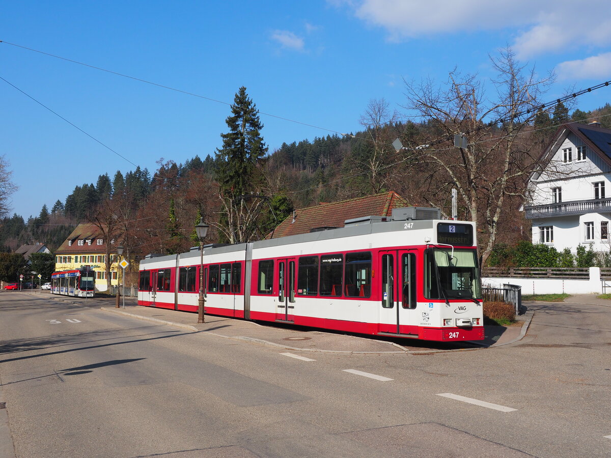 Die Straßenbahn in Freiburg-Günterstal, hier an der Endhaltestelle Dorfstraße.
Im Vordergrund Wagen 247, Wagen 243 wartet im Hintergrund.
Direkter Umstieg besteht zur Buslinie 21, die u.a. zur  Talstation Schauinsland  fährt.

Freiburg, der 06.03.2022