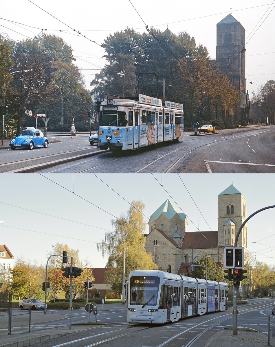 Die Straßenbahn in Wanne-Eickel einst und jetzt: Auf der oberen Aufnahme nähert sich der Bogestra-GT6 17 im Herbst 1977/78 der Haltestelle Solbad, darunter die Situation am 13.11.2022 mit der ankommenden Variobahn 502. Neben den unterschiedlichen Triebwagen fällt vor allem der heute freie Blick auf die Kirche St. Joseph auf, auch die Straße hat sich der neuen Zeit angepasst.