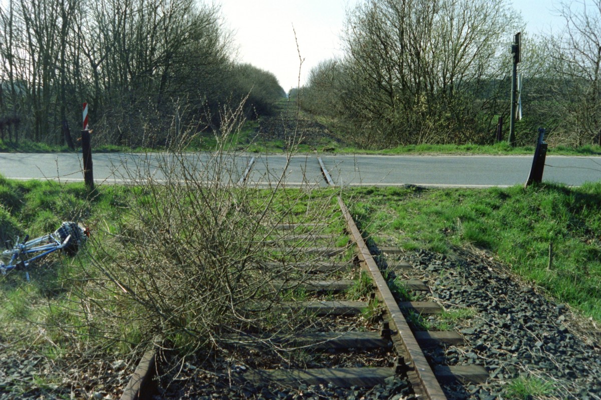 Die Strecke Lneburg–Buchholz (Nordheide) am 14.04.1995 zwischen Brackel und Marxen; der Personenverkehr endete am 26.09.1981, die Stilllegung des hier gezeigten Abschnitts (Mechtersen–Marxen) erfolgte zum 01.05.1989.