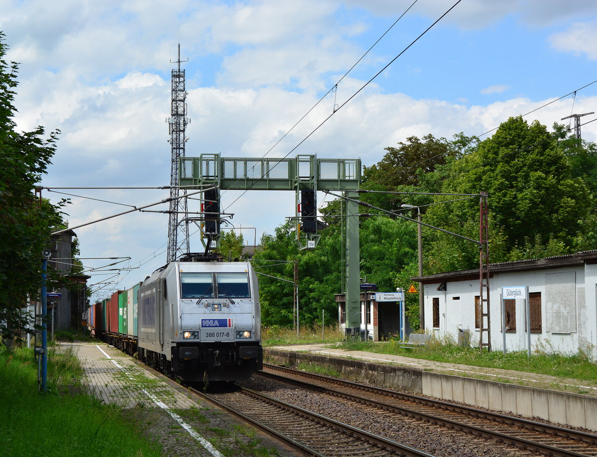 Die Strecke Magdeburg Dessau ist ein wichtiger Korridor für den Tschchischen Verkehr und für Metrans. Hier durchfährt 386 017-8 mit einem tschechischen Containerzug Güterglück gen Dessau.

Güterglück 04.08.2017