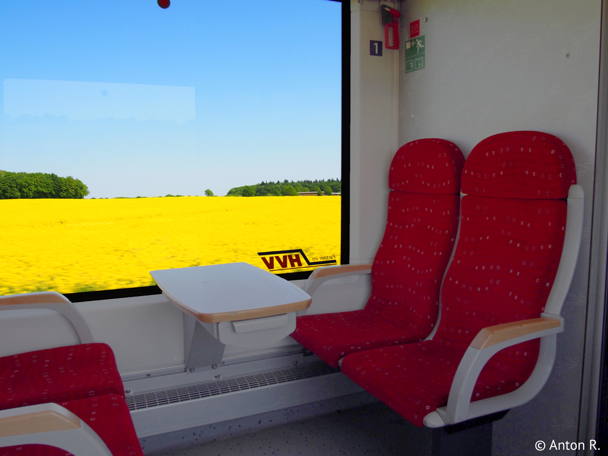 Die Strecke der RB82 Neumünster – Bad Oldesloe führt durch eine reizvolle Landschaft, wobei einem während der Rapsblüte im Frühjahr ganz besonders pittoreske Anblicke geboten werden. Gefahren wird man auf dieser Relation seit 2002 von der Nordbahn mit LINT 41-Dieseltriebwagen aus dem Jahre 2001. Zu sehen ist die 1. Klasse, welche acht (früher: 16) Sitzplätze umfasst und als einzige Besonderheit einen Tisch je Vierergruppe bietet. Auch im angrezenden durch Glas und Schwingtür abgetrennten deklassierten Bereich sind die Tische jedoch nach wie vor vorhanden. Aufgenommen im Mai 2016.