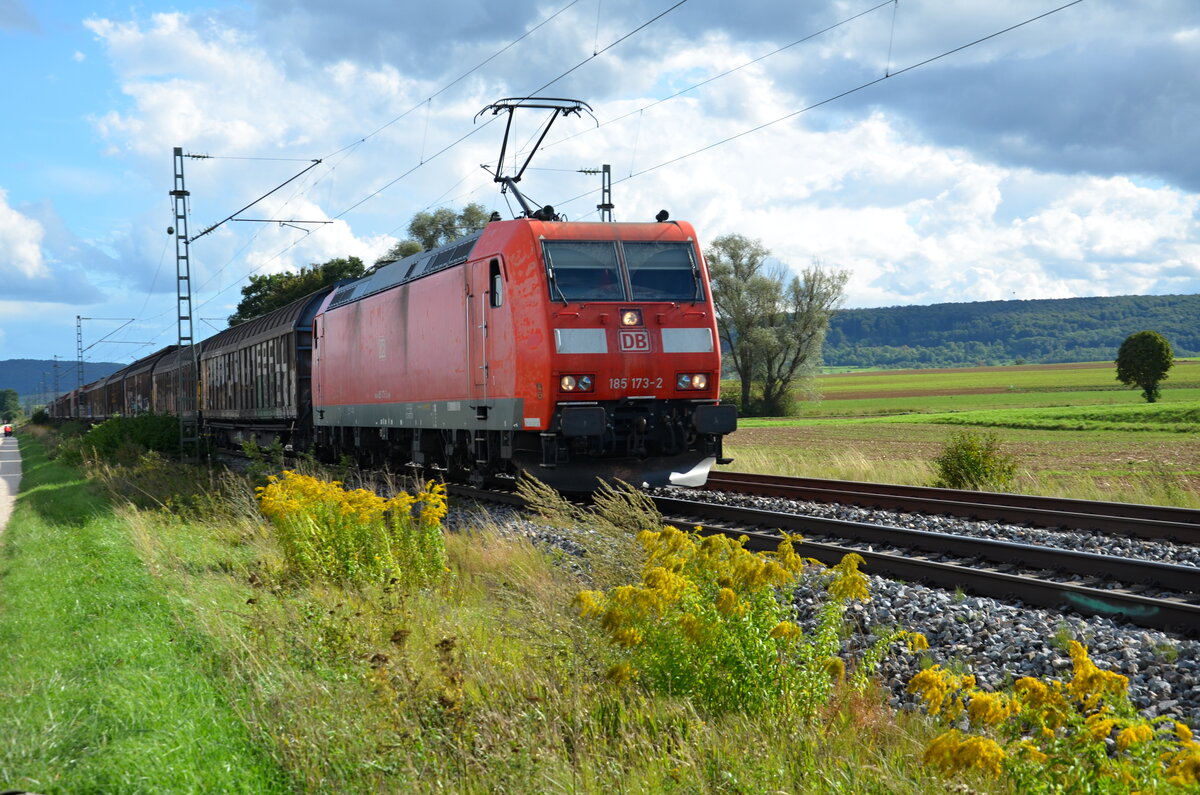 Die Strecke Treuchtlingen-Würzburg ist ein typisches Beispiel für eine wichtige Nord-Süd-Strecke im Güterverkehr. Im Personenverkehr sind fast nur Nahverkehrszüge unterwegs aber dafür entschädigt die Abwechslung der verschiedenen Güterzüge und Unternehmen die diese Strecke befahren. DB Cargo 185-173-2 ist hier mit ihrem Güterzug bei Meinheim unterwegs (Km 9.8) am 09.09.2022