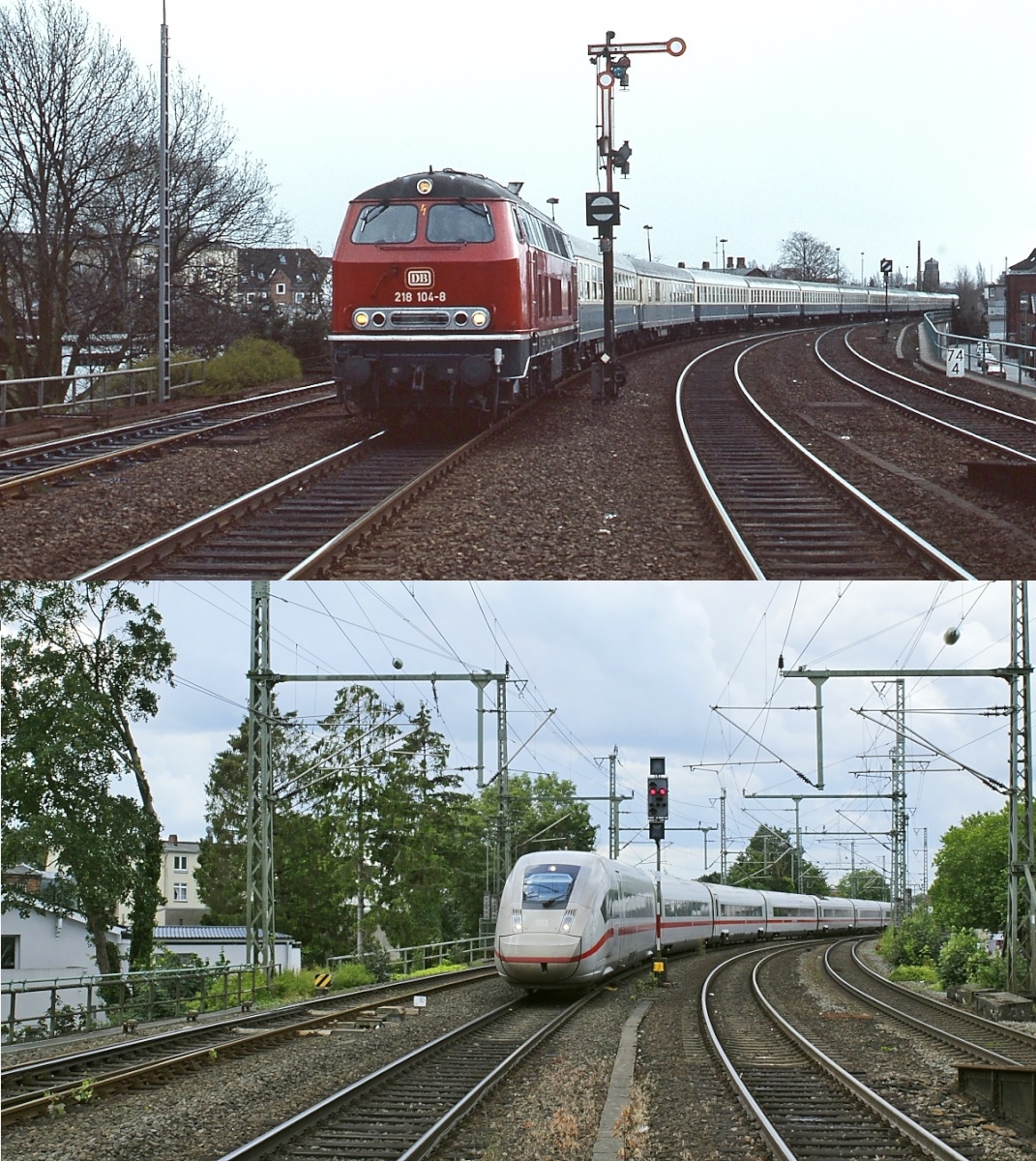 Die südliche Bahnhofseinfahrt von Neumünster am 27.04.1985 und am 07.07.2023: Oben fährt 218 104-8 mit einem (vermutlich) Westerländer Schnellzug ein, darunter nähert sich ein ICE 4 nach Kiel