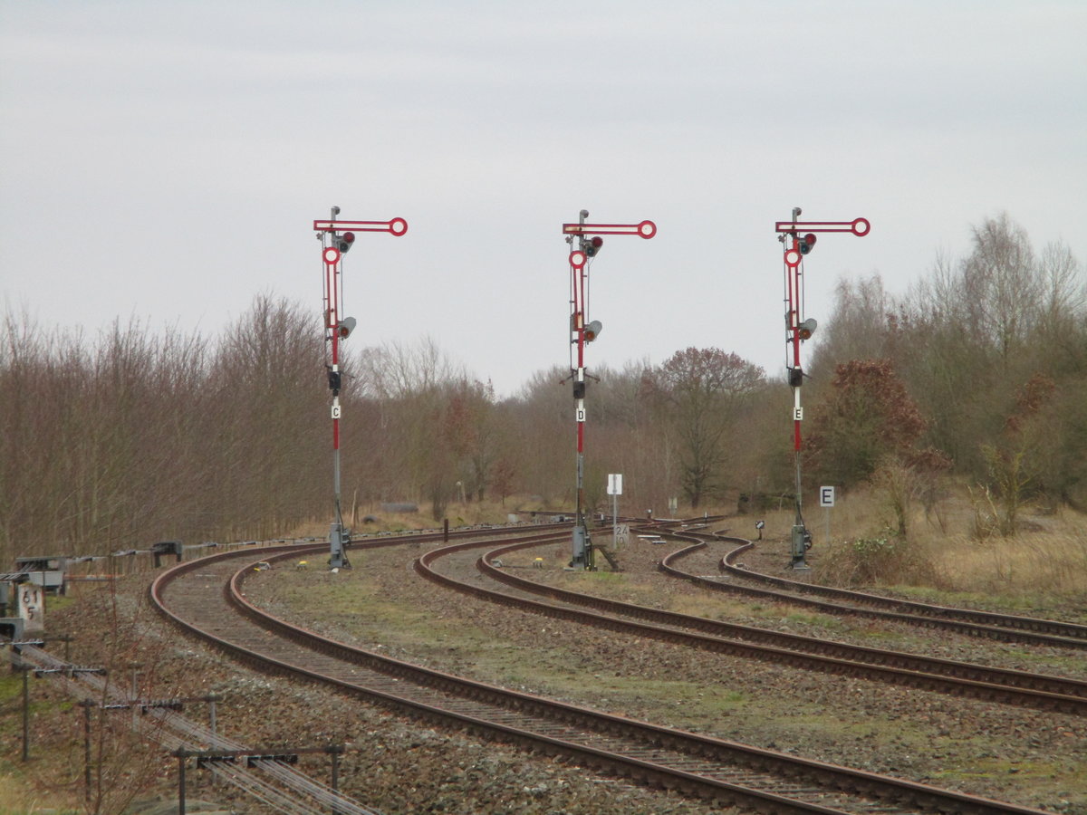 Die südlichen Ausfahrsignale C,D und E von Karow(Meckl).Aufgenommen am 22.Februar 2020.