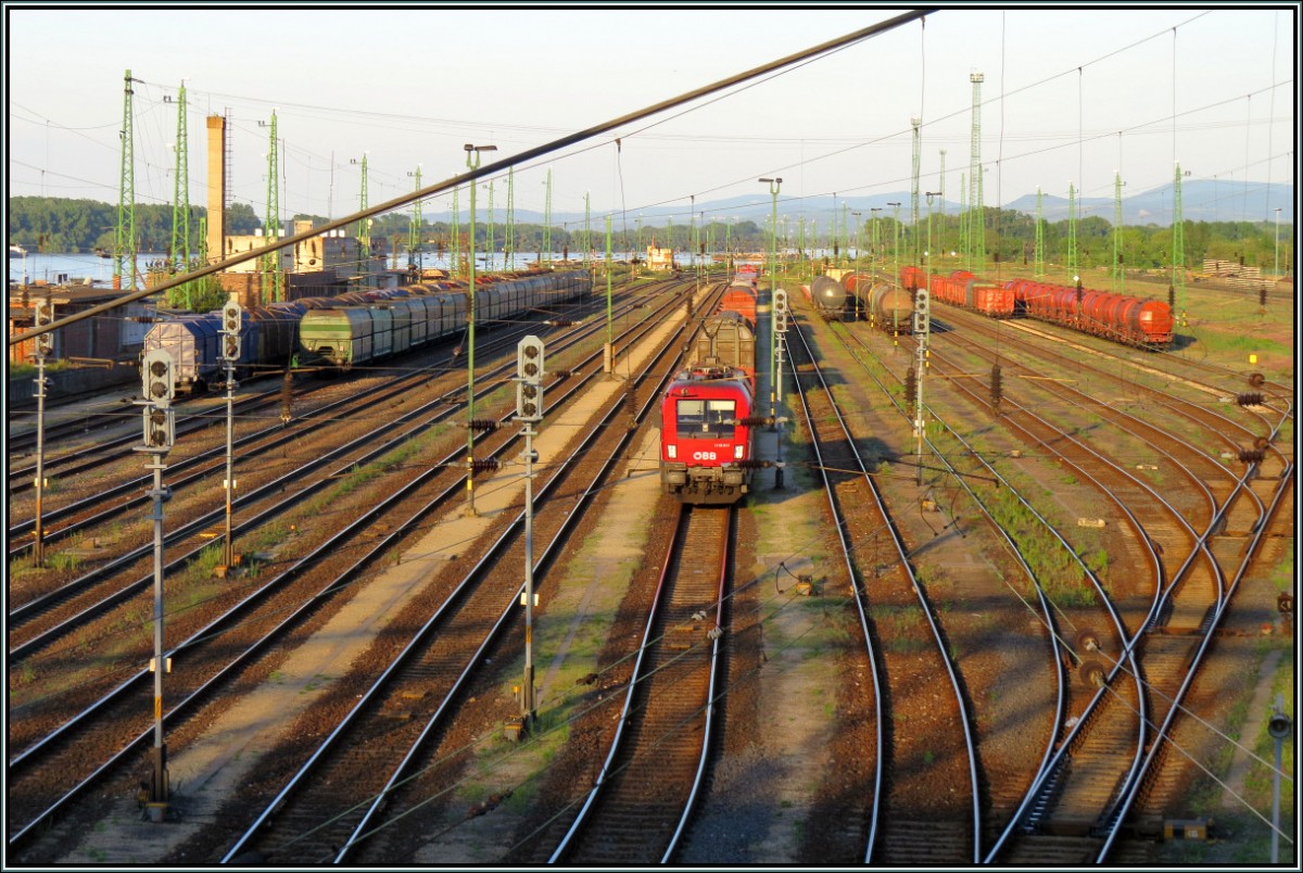 Die Taurus ÖBB 1116 wartet am frühen Abend des 20.Mai 2014 mit ihrer Güterfracht auf die Ausfahrt am Bahnhof von Komárom (H).