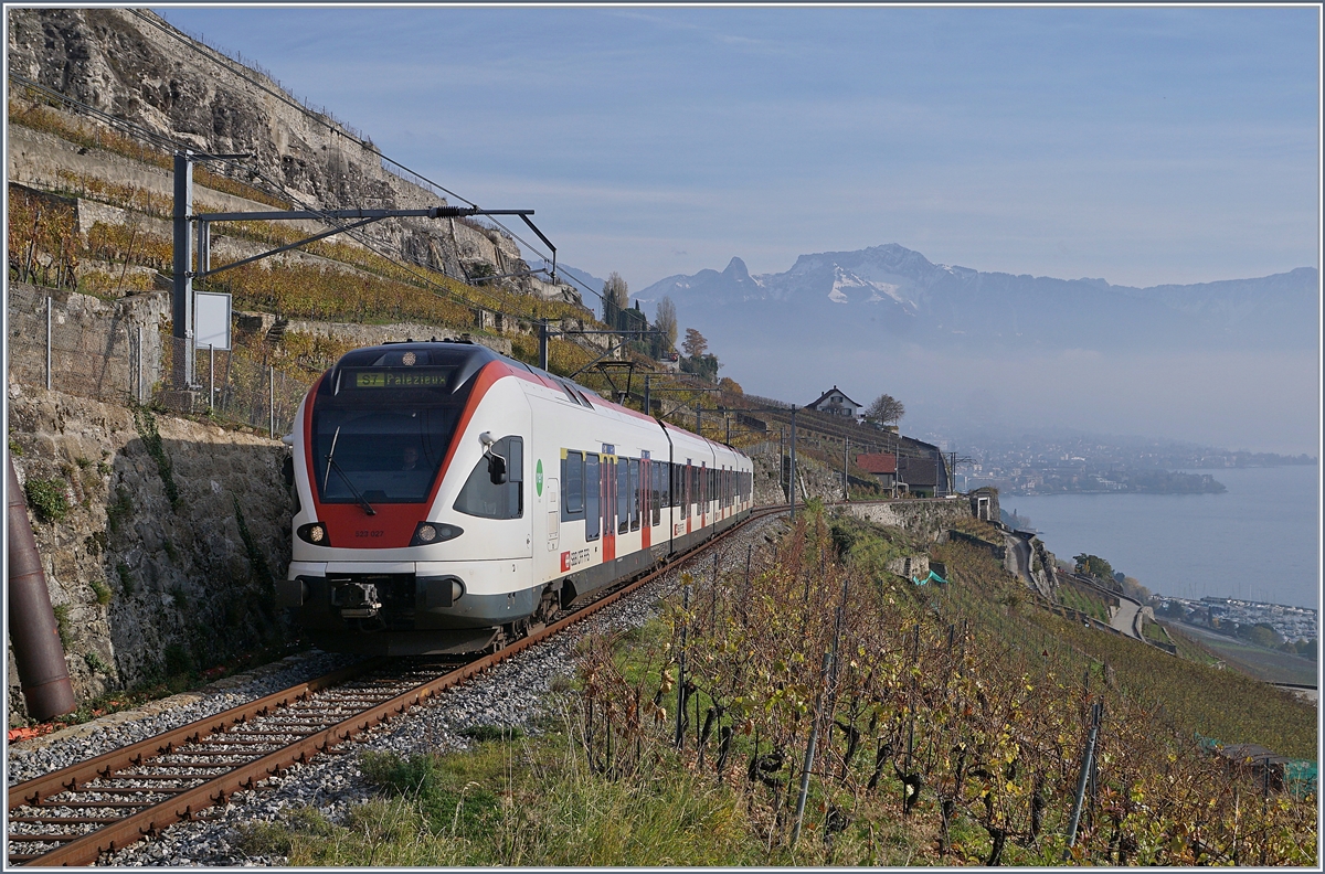 Die Train des Vignes Strecke wird oft mit RBDe 560  Domino  bedient, es kommen aber je nach Verfügbarkeit auch öfters RABe 523  Flirt  zu Einsatz.

Im Bild der RABe 523 027 als S7 auf der Fahrt nach Palézieux (mit Anschluss an den IR 15) oberhalb von St-Saphorin.

24. Nov. 2019