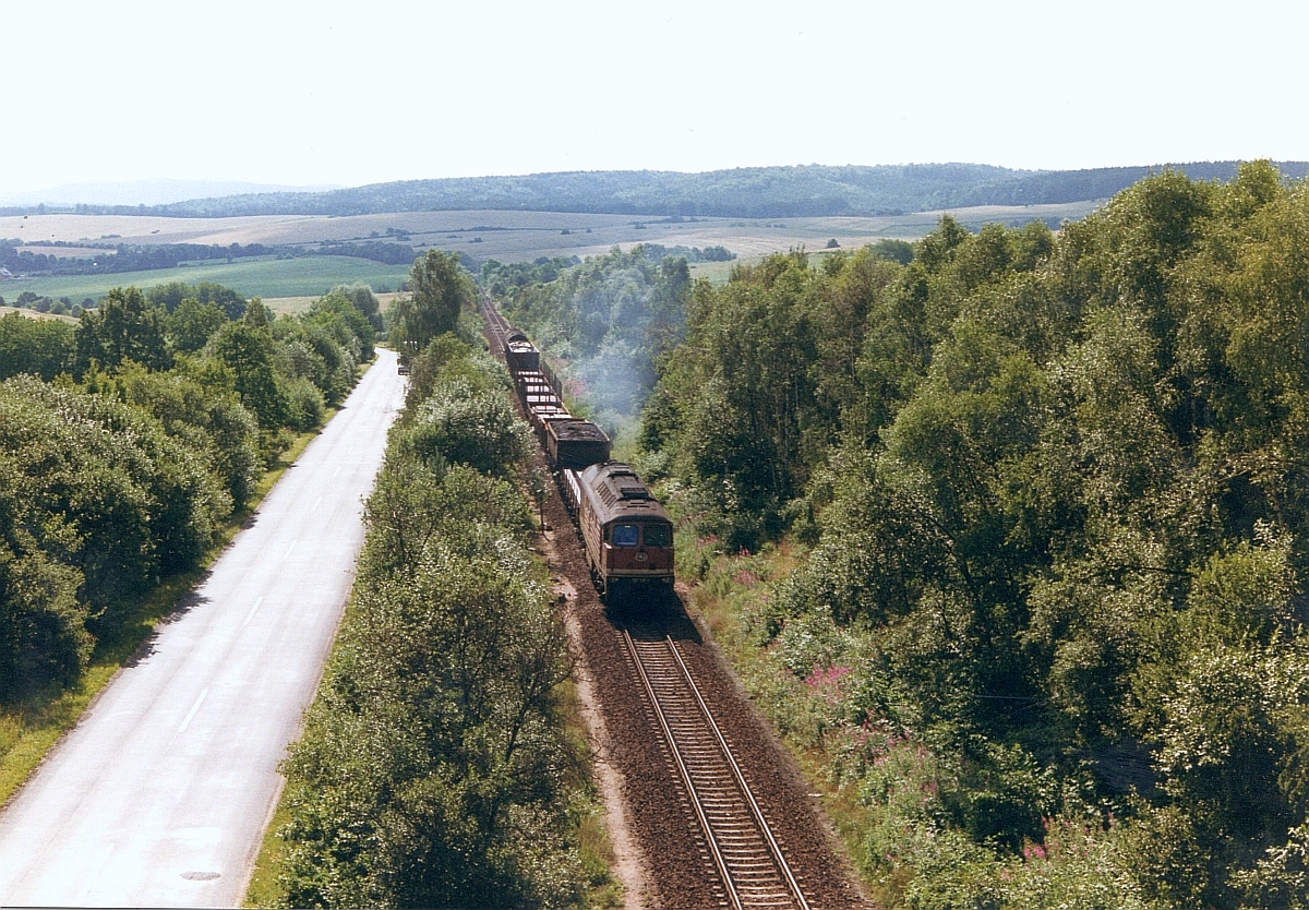  Die Trasse  bezeichnete im DDR-Jargon die aufwändige Neubaustrecke Förtha - Gerstungen, die seinerzeit zur Umgehung des durch westdeutsches Gebiet führenden Teilstücks der Werratalbahn gebaut wurde. Am 14.7.1990 führt eine unbekannte 132 beim Kreuzungsbahnhof Dietrichsberg einen Güterzug in Richtung Gerstungen.   