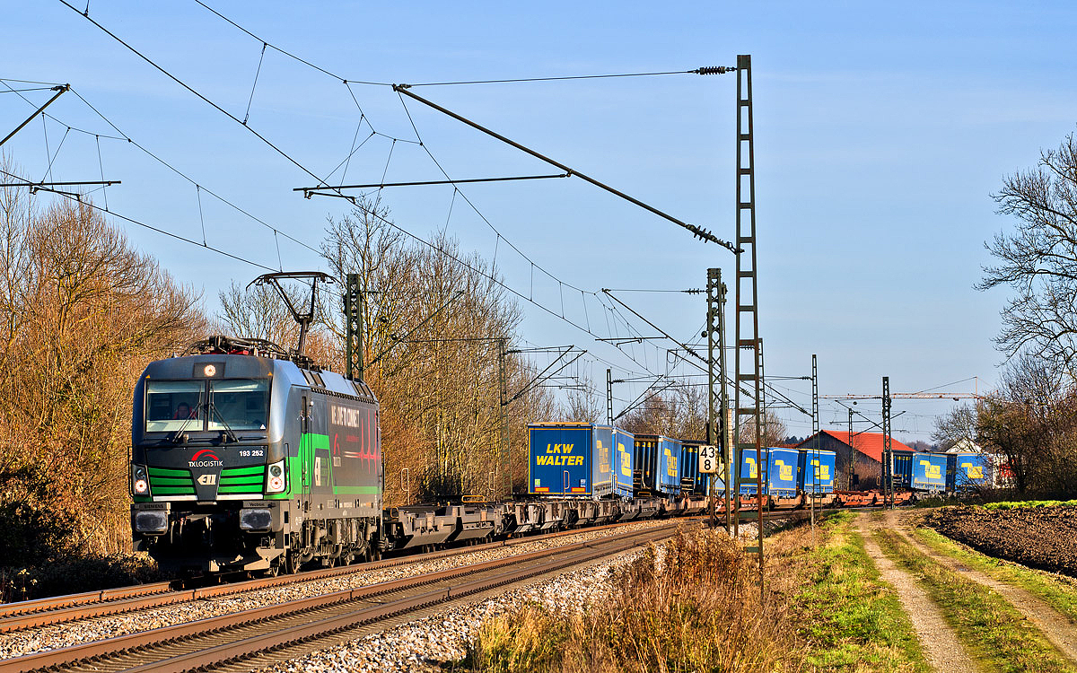 Die TX Logistik 193 252 fährt in Langenisarhofen mit einem LKW Walter Sattelaufliegerzug vorüber.Bild 22.11.2017
