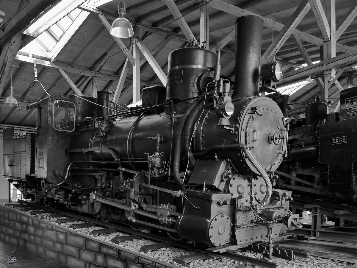 Die Typ IIIc5-Zahnrad-Dampflokomotive 97-019 der JŽ stammt aus dem Jahr 1908. Sie ist in der Lokwelt Freilassing ausgestellt. (August 2020)