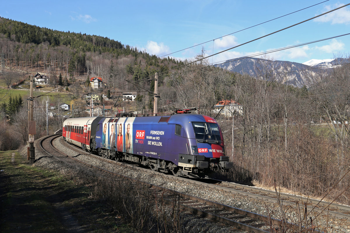 Die verkehrt stehende 1116.232 zur Garnitur des ORF-RJ fahren am 25.2.17 durch Küb als RJ-535.