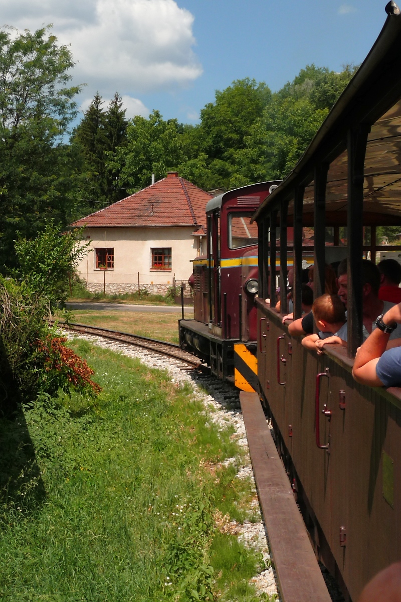 Die Waldeisenbahn nach Lillafüred kurz nach der Abfahrt in Miskolc, 10.7.16

Im Hintergrund eins der für Ungarn so typischen quadratischen Dorfhäuser.