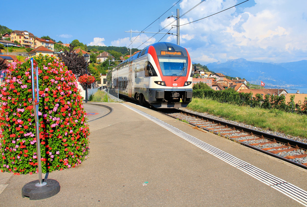Die wegen Bauarbeiten via Vevey umgeleiteten Züge Fribourg - Genève auf der Lokallinie durch die Rebberge bei Chexbres. Hier fährt Doppelstockzug 511.103 ohne Halt durch die Station Chexbres, die zur Zeit von Bussen bedient wird. 2. August 2018  