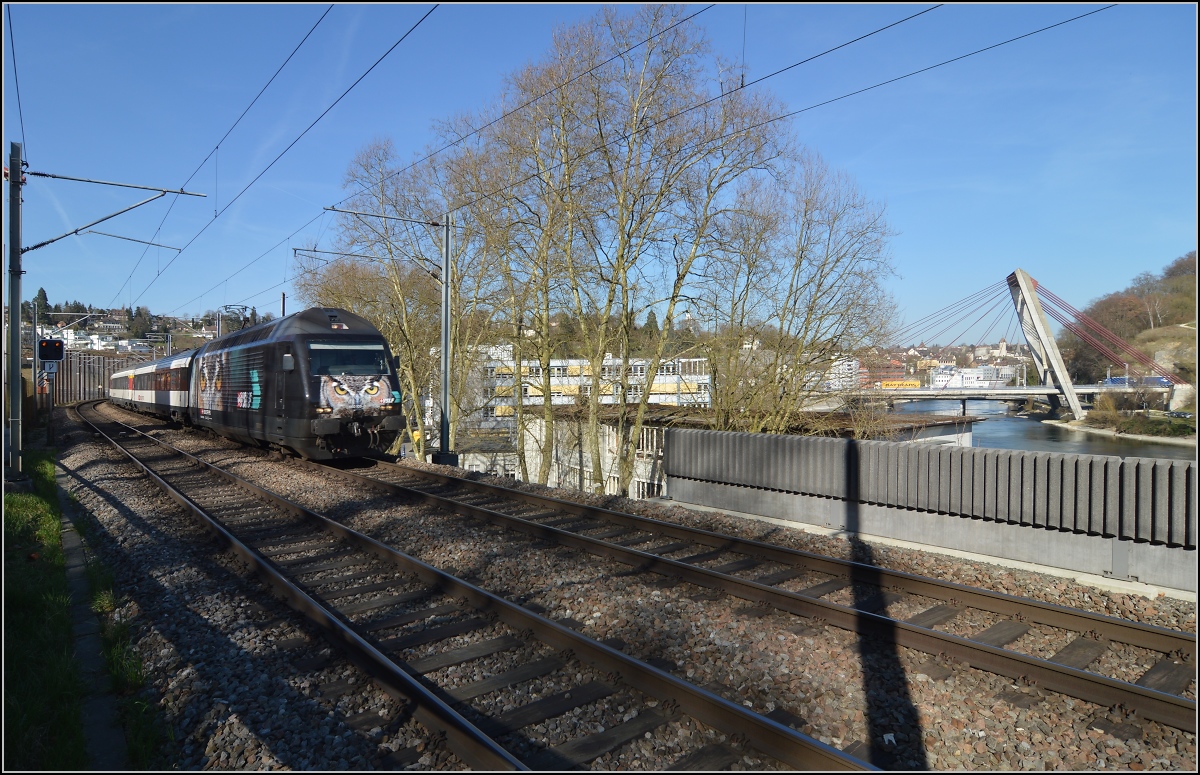 Die wohl bisher beeindruckendste Werbelok hat mich verfolgt, immer die Augen gegen das Auge des Fotografen gerichtet. 460 105-0 im Bahntal zwischen Neuhausen am Rheinfall und Schaffhausen. Im Hintergrund ist der Rhein und das Schaffhausens Wahrzeichen, der Munot zu sehen. März 2014.