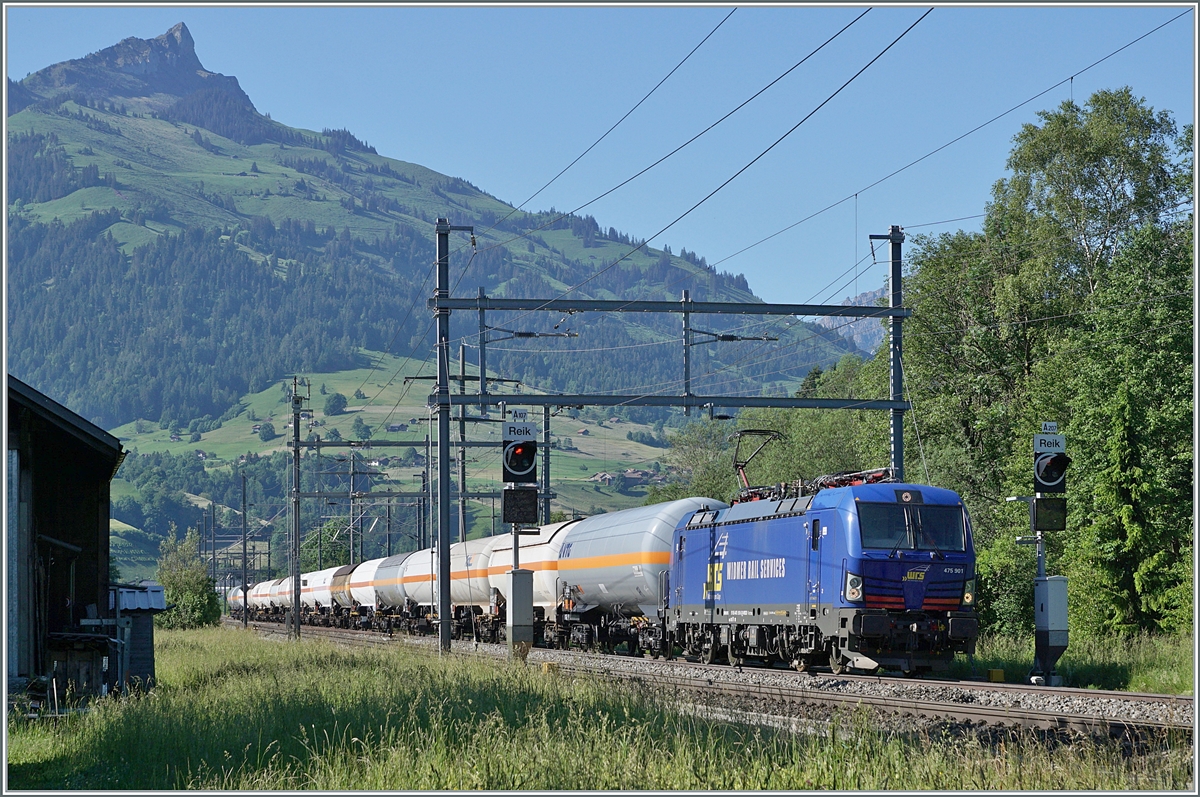 Die WRS Re 475 901 erreicht mit ihrem nach Norden fahrenden Kesselwagenzug Mülenen. 

14. Juni 2021