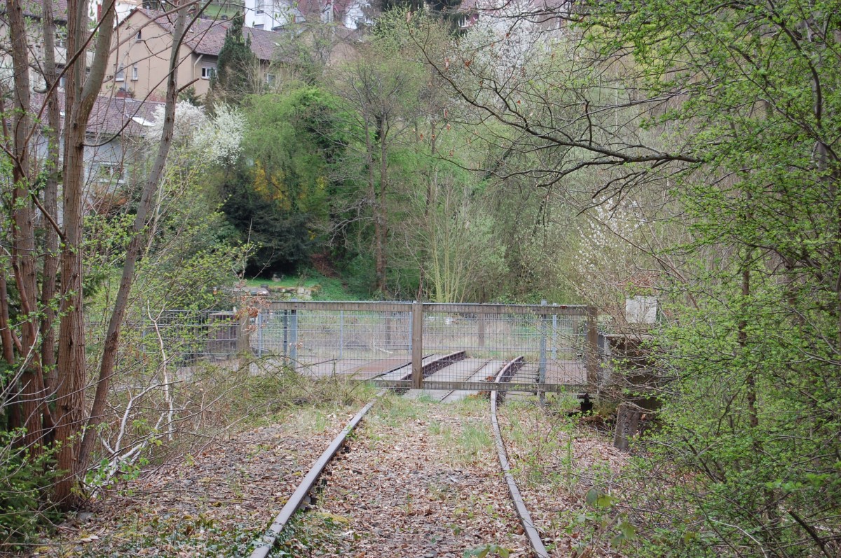 Die württembergische Schwarzwaldbahn am 5. April 2014 kurz vor der großen Fischbauchbrücke in Calw.